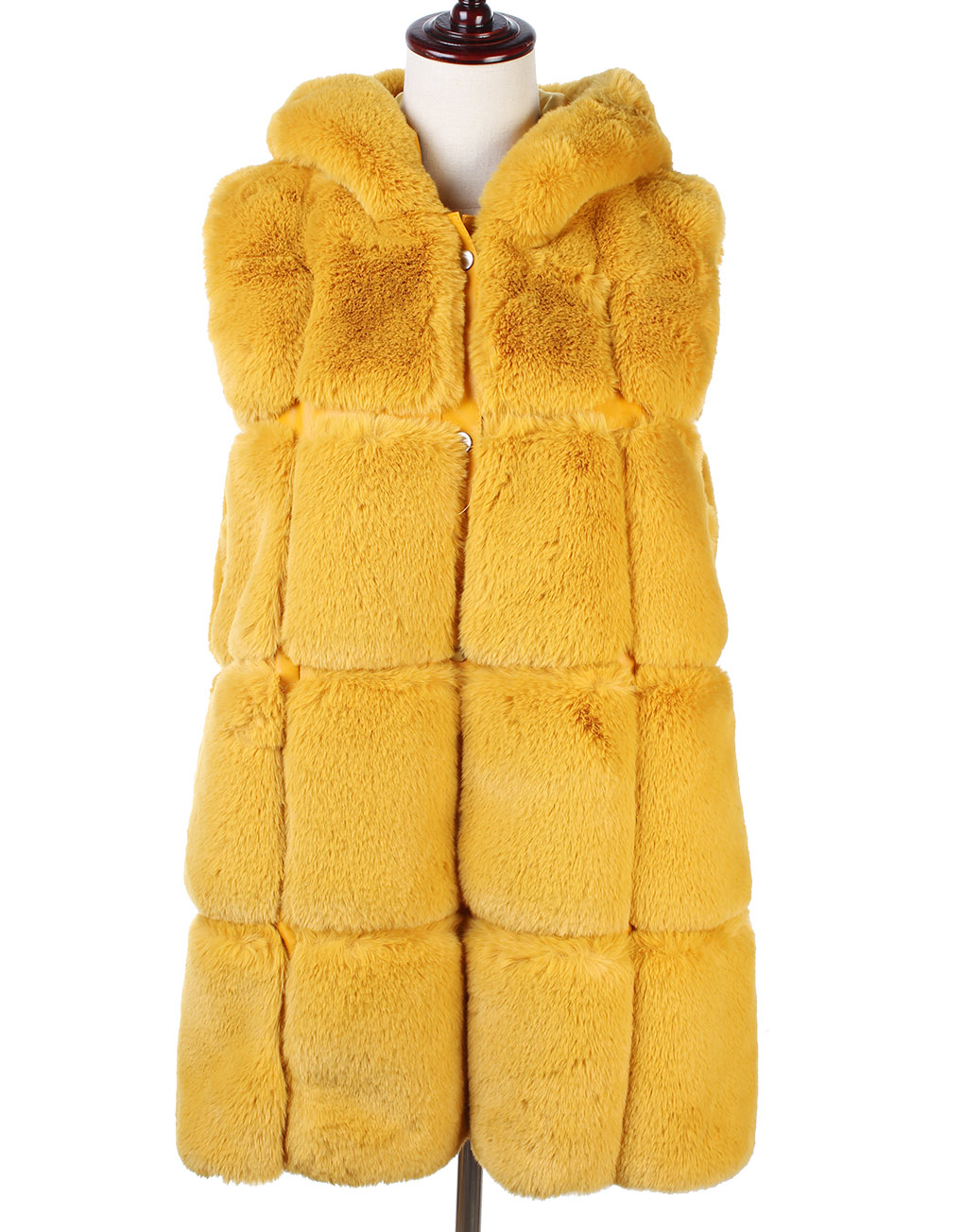 Plain Big Checked Faux Fur Hooded Gilet Luxe Wholesale